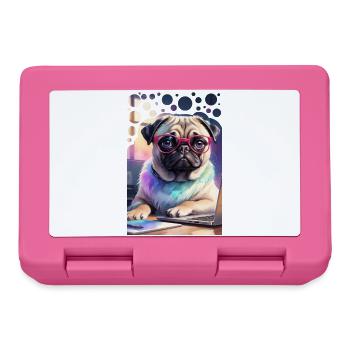Office Dog Pug with Laptop and Pink Glasses Pop Art - Lunchbox - pink - Front