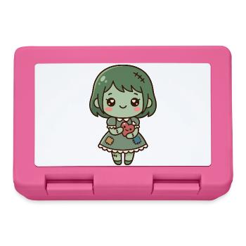 Süßes Kawaii-Zombie-Mädchen hält ein gesticktes Herz - Brotdose - Pink - Vorne