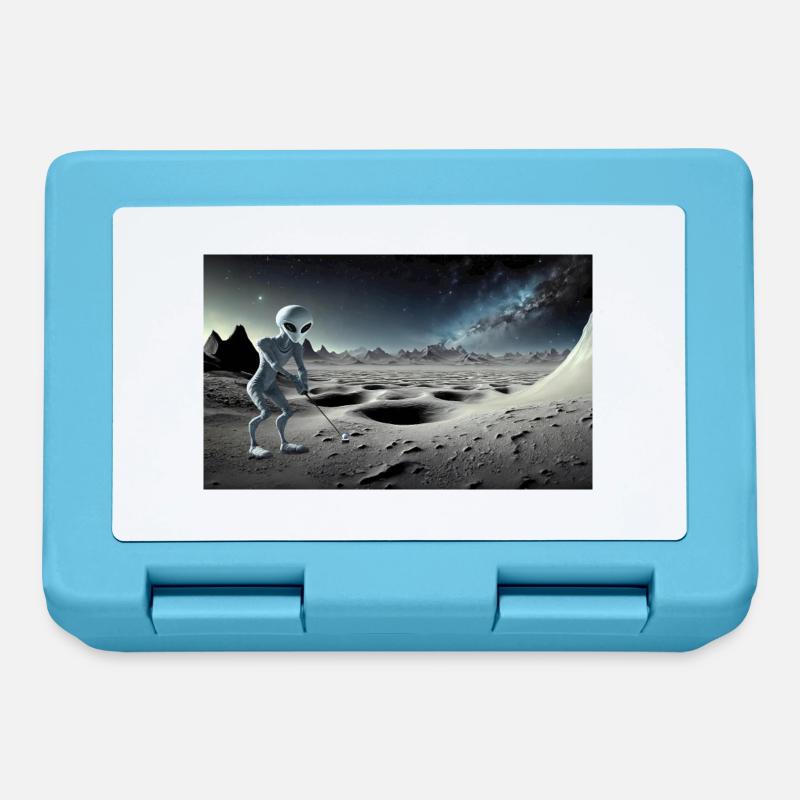 Alien gris sur la surface de la lune – Jouer au golf - Boîte à goûter - bleu saphir