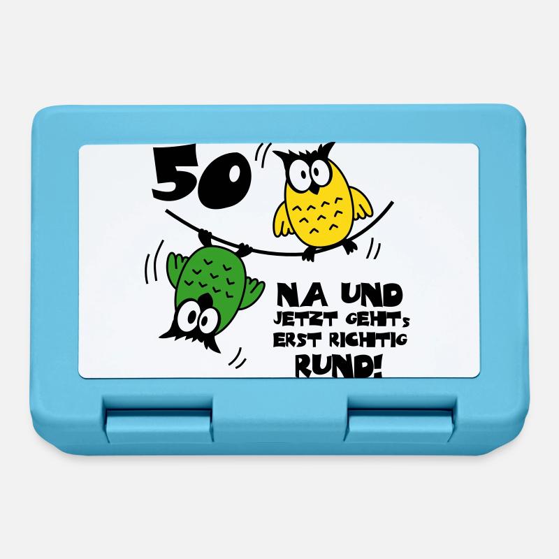 Geburtstag 50, Eulen am Drahtseil, rund - Brotdose - Saphirblau