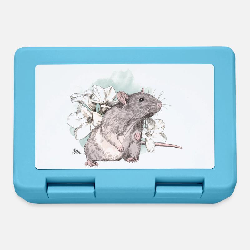 Rat devant de délicates fleurs sur une masse aquarelle - Boîte à goûter - bleu saphir