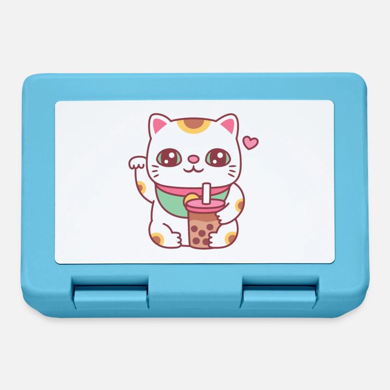 Cute Maneki Neko Cat With Bubble Tea - Lunchbox - sapphire blue