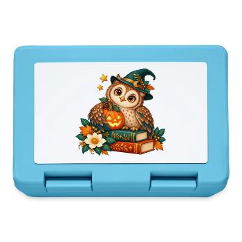 Halloween-Eule zwischen Büchern und Kürbis - Brotdose - Saphirblau - Vorne
