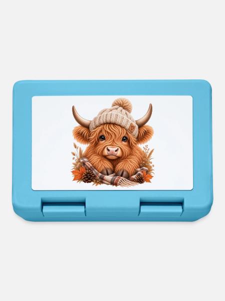 Highland Cow mit Mütze – Cozy Herbst Kuh - Brotdose - Saphirblau