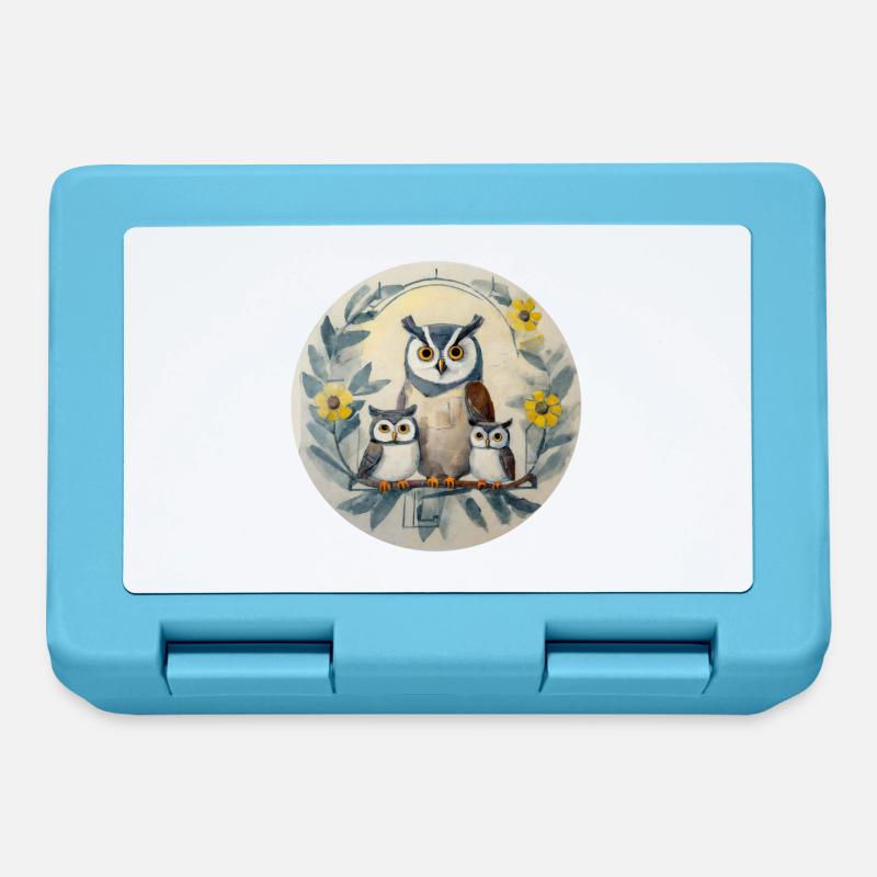Maman hibou avec ses trois petits - Boîte à goûter - bleu saphir