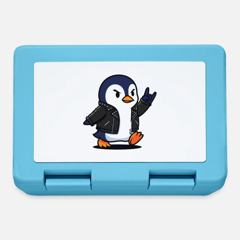 Rocker-Pinguin in Lederjacke mit Teufelshorn - Brotdose - Saphirblau