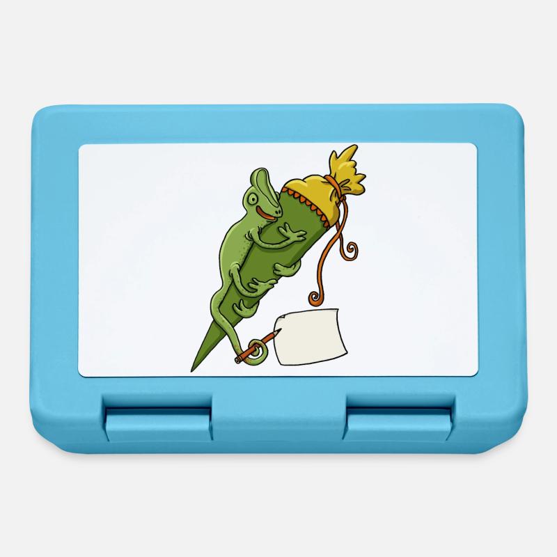 Caméléon avec cône d’école et bout de papier - Boîte à goûter - bleu saphir