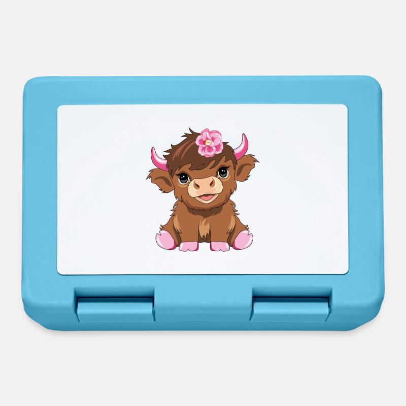 Mignon bébé vache des hautes terres avec une fleur rose - Boîte à goûter - bleu saphir