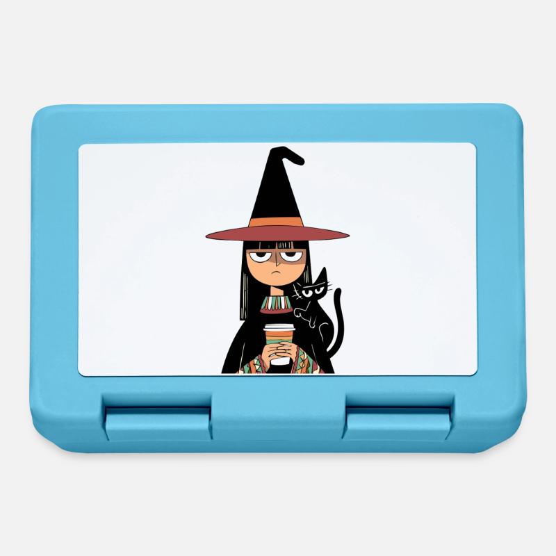 Grumpy Witch with Coffee and Black Cat – Halloween - Brotdose - Saphirblau