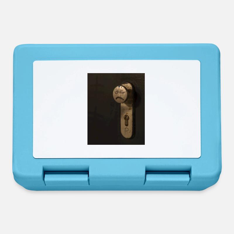 A doorknob with a bad tempered face painted on it - Lunchbox - sapphire blue