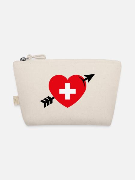 Heart - Swiss Cross Arrow (I Love Switzerland, 3C) - Organic Pouch - nature - Front