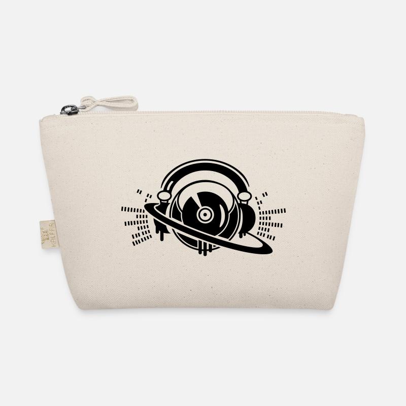 A DJ turntable console with headphones and Organic Pouch