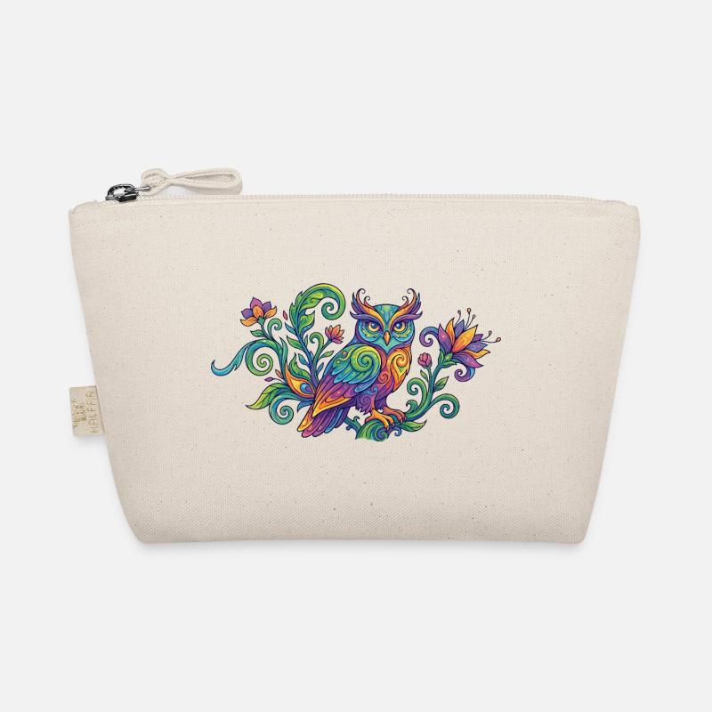 Farbenfrohe Eule im Baum mit Blüten Ornamenten Bio-Täschchen