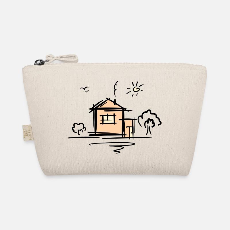 Haus mit Bäumen und Sonne. Zeichnung. Kritzelei. Bio-Täschchen