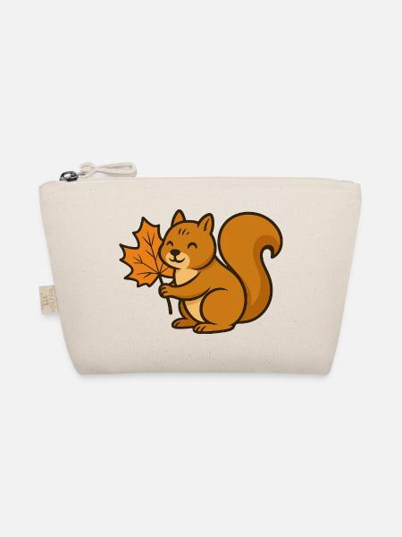 Cute Squirrel with Autumn Leaf Cartoon - Organic Pouch - nature