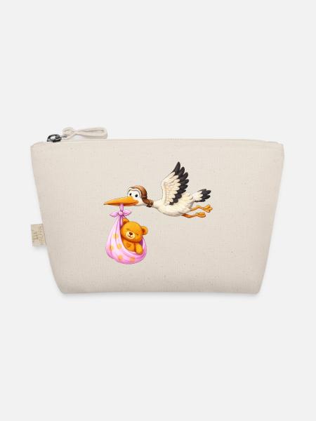 Baby Mädchen Storch mit Teddy im Tuch Geschenk - Bio-Täschchen - Natur - Vorne