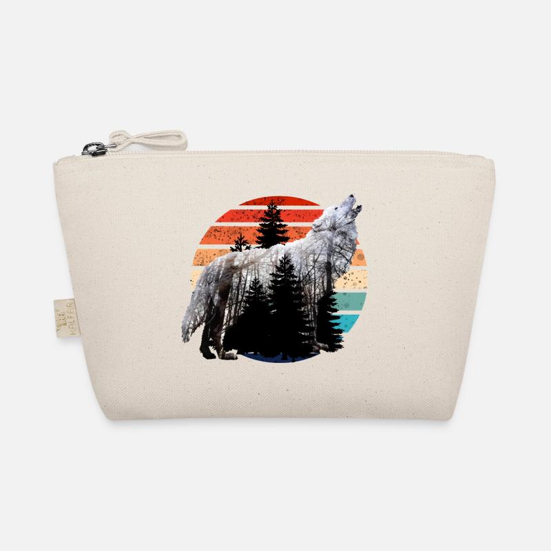 heulender Wolf Doppelbelichtung mit Retro Sunset - Bio-Täschchen - Natur