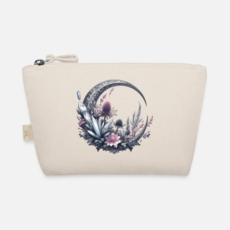 Crescent Moon in Silver, with Crystals and Flowers Organic Pouch
