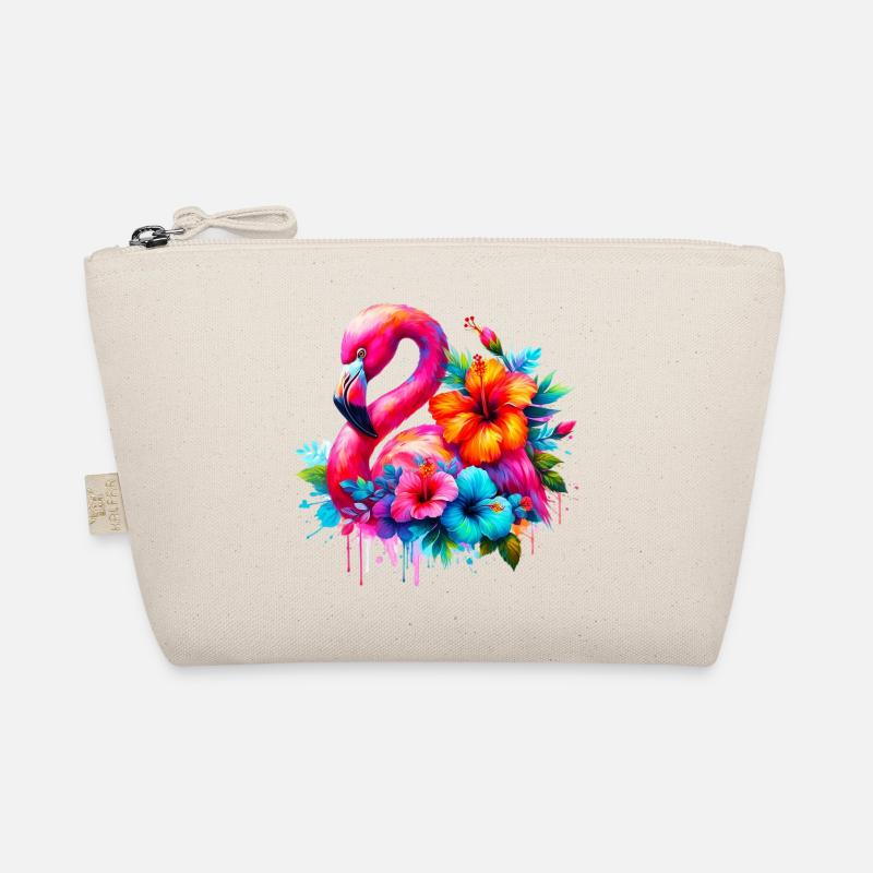 Flamingo verziert mit Hibiskusblüten - Bio-Täschchen - Natur