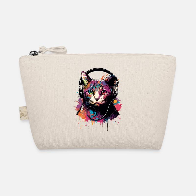 Colorful Cat with Headset Organic Pouch