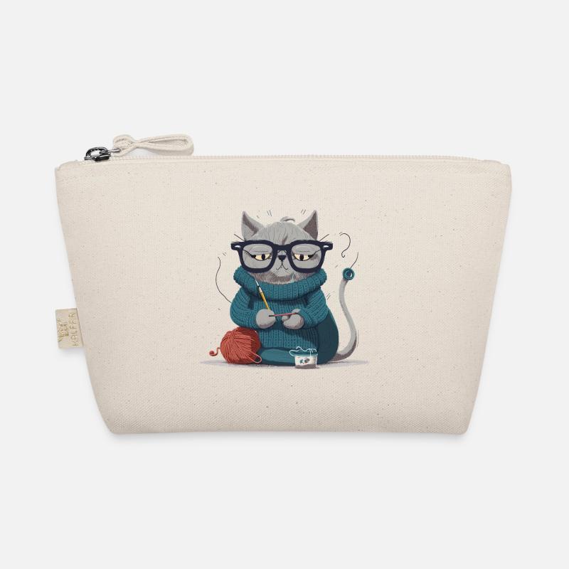 Strickende Katze - Bio-Täschchen - Natur