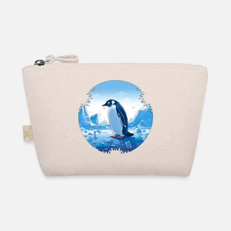 Pinguin mitten in Plastikmüll Bio-Täschchen