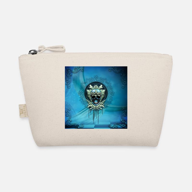 Eleganter blauer dekorativer Totenkopf mit Blättern. Bio-Täschchen