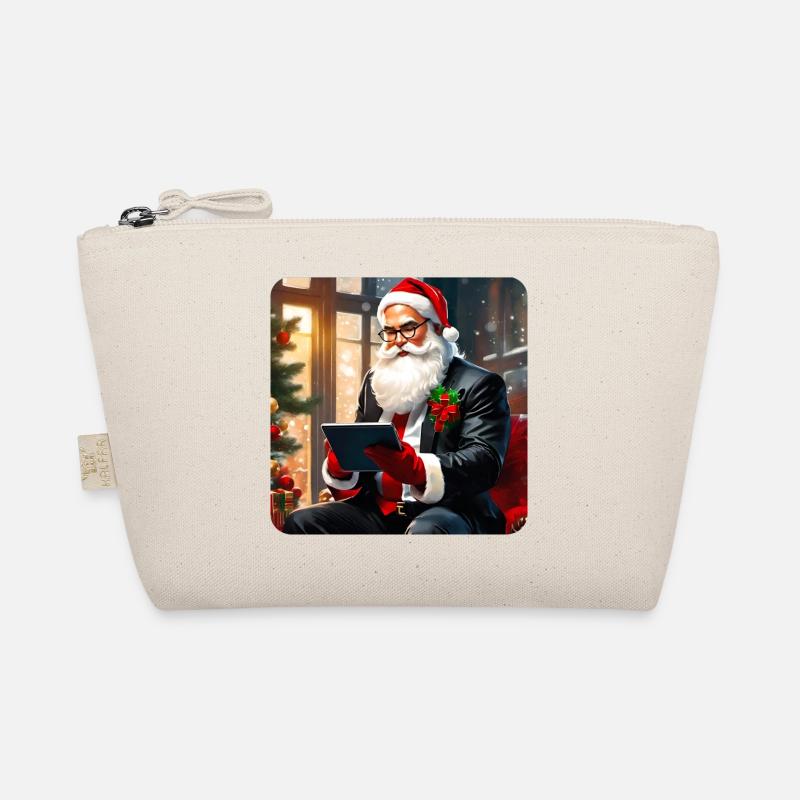 Cooler moderner Weihnachtsmann im Anzug und Tablet Bio-Täschchen
