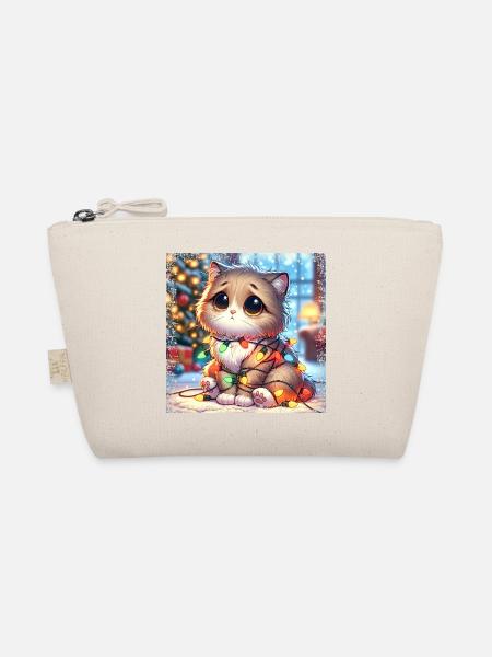 Cute Christmas Cat - Fairy Lights Chaos in the - Organic Pouch - nature - Front