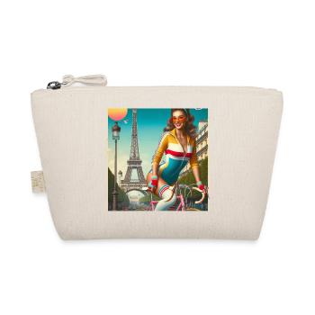 Beautiful young girl riding a bike in front of the Eiffel Tower - Organic Pouch - nature - Front