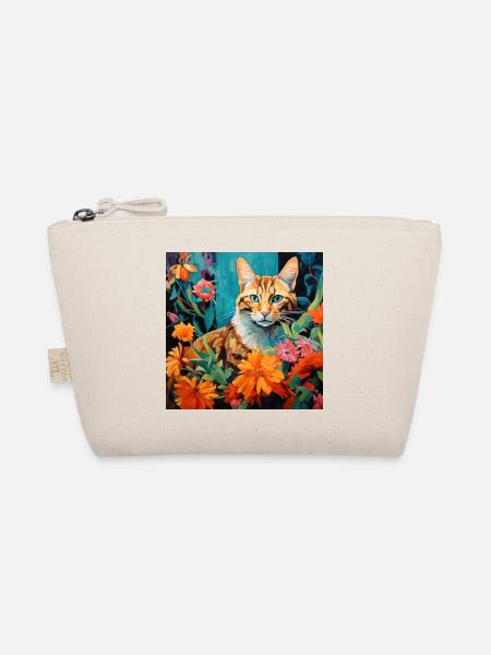 Katze, katzenmotiv, blumen, geschenk, geschenkidee - Bio-Täschchen - Natur - Vorne