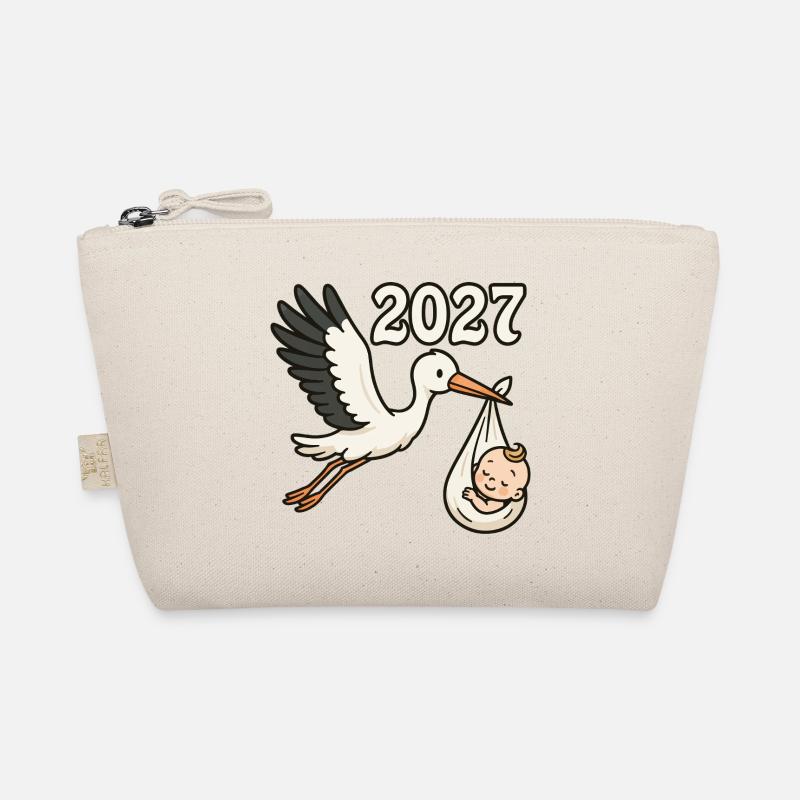 Storch mit Findelkind im Schnabel 2027 Bio-Täschchen