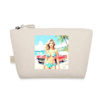 Femme sur la plage avec une voiture classique - Trousse biologique - nature - Devant