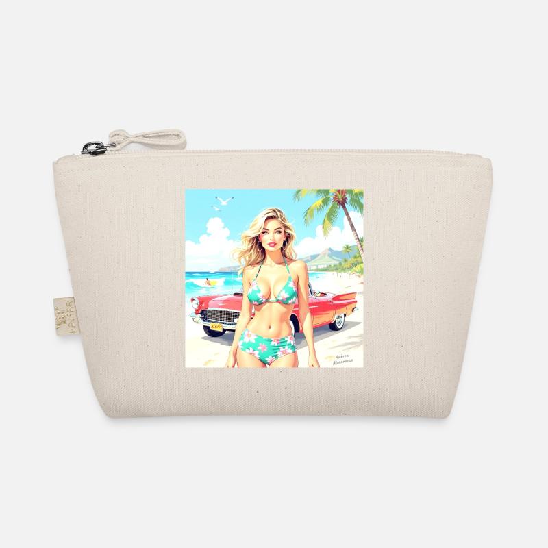 Frau am Strand mit Oldtimer Bio-Täschchen