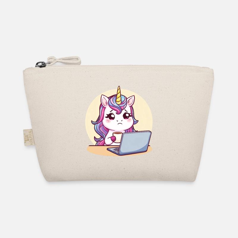 Müdes Einhorn am Laptop mit Kaffee Bio-Täschchen