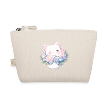 Cute White Cat in Hydrangeas – Kawaii Design - Organic Pouch - nature - Front