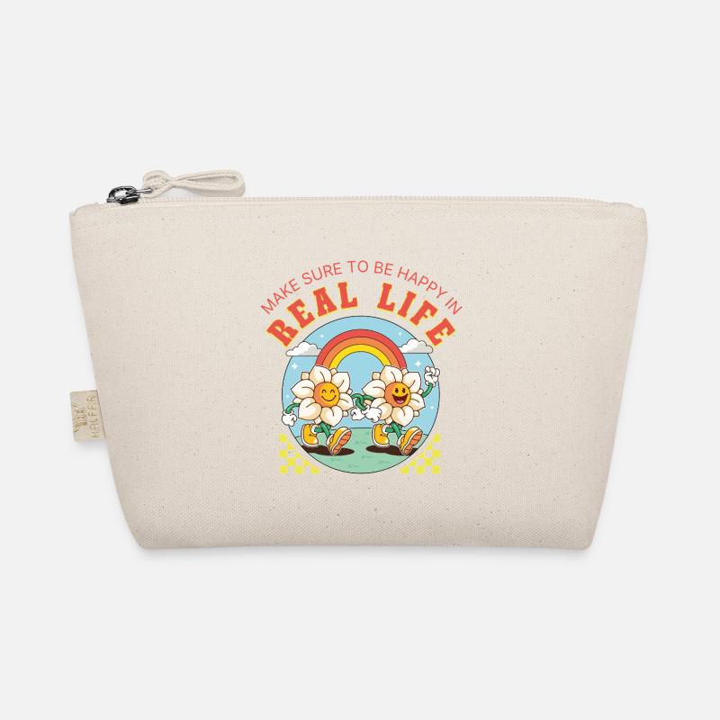 Be Happy in Real Life – Retro Blumen Spruch - Bio-Täschchen - Natur