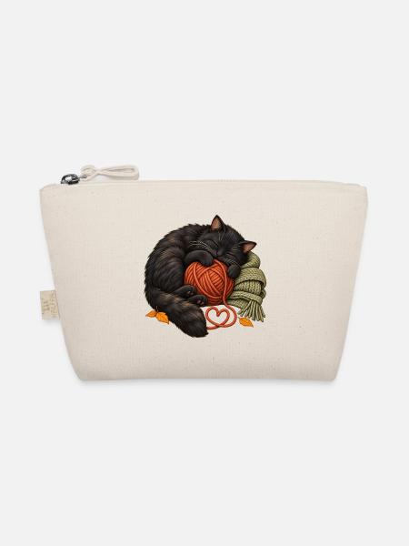 Schlafende schwarze Katze mit Garn – gemütliches Stricken - Bio-Täschchen - Natur