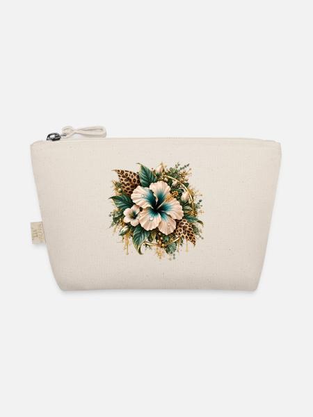 Goldene Hibiskus-Blüten mit Leoparden-Print - Bio-Täschchen - Natur