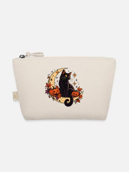 Nachtschwarze Katze mit Hallowen-Kürbissen - Bio-Täschchen - Natur