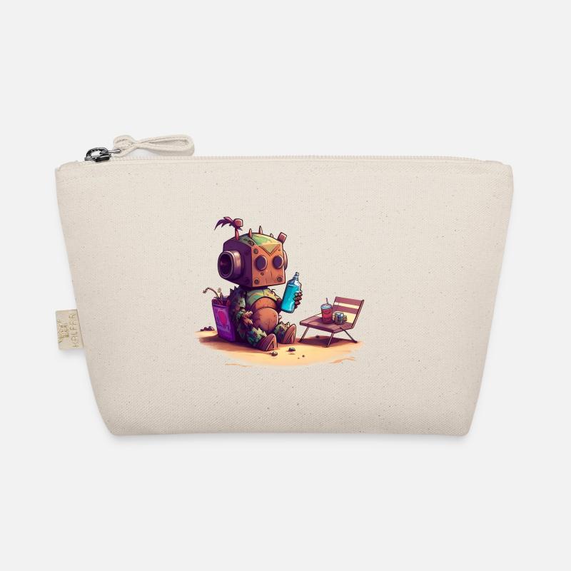 Kleiner süßer Roboter mit einer Flasche Wasser und Snacks 2 Bio-Täschchen