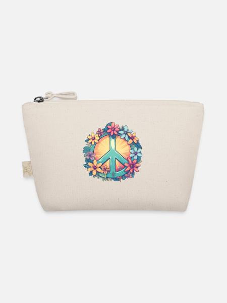 Groovy Retro Peace Zeichen mit Pastell Blumen - Bio-Täschchen - Natur - Vorne