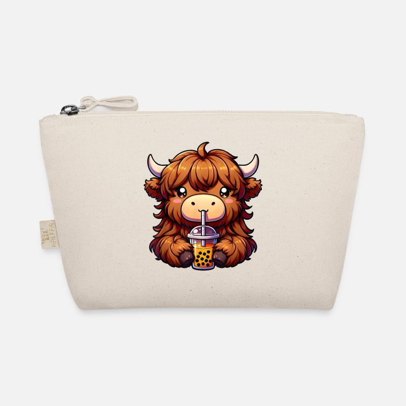 Adorable Highland Cow with Bubble Tea Organic Pouch