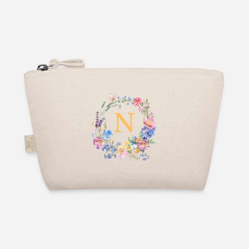 N Monogramm Floral, Blumenkranz, personalisierbar - Bio-Täschchen - Natur