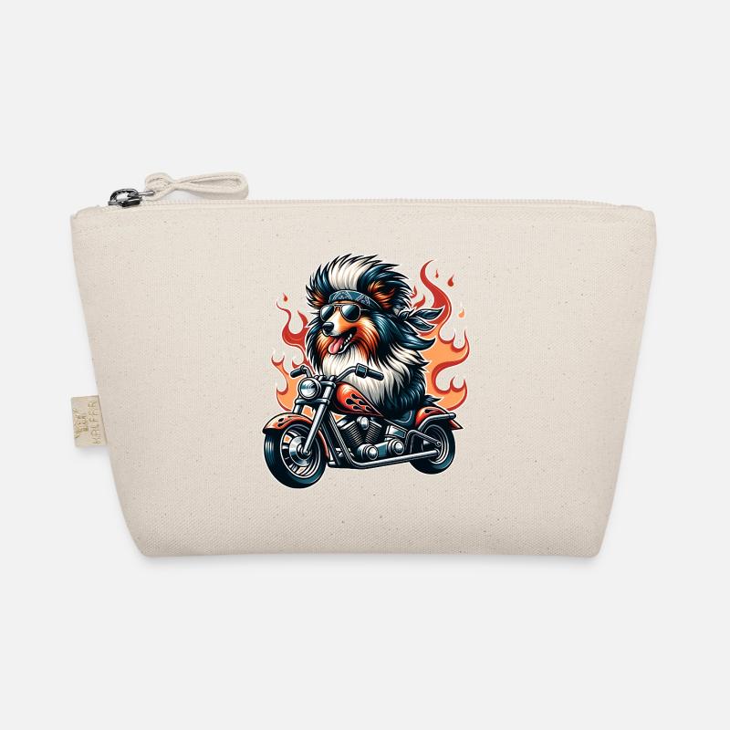 Biker dog on motorcycle with flames Sheltie Organic Pouch