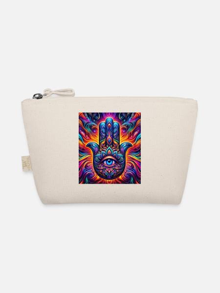 Psychedelic Hamsa Eye Hand Mandala - Organic Pouch - nature - Front