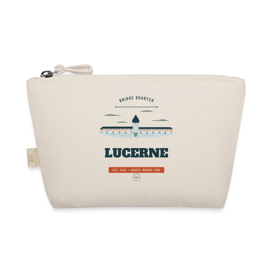 Lucerne badge on a organic pouch, nature