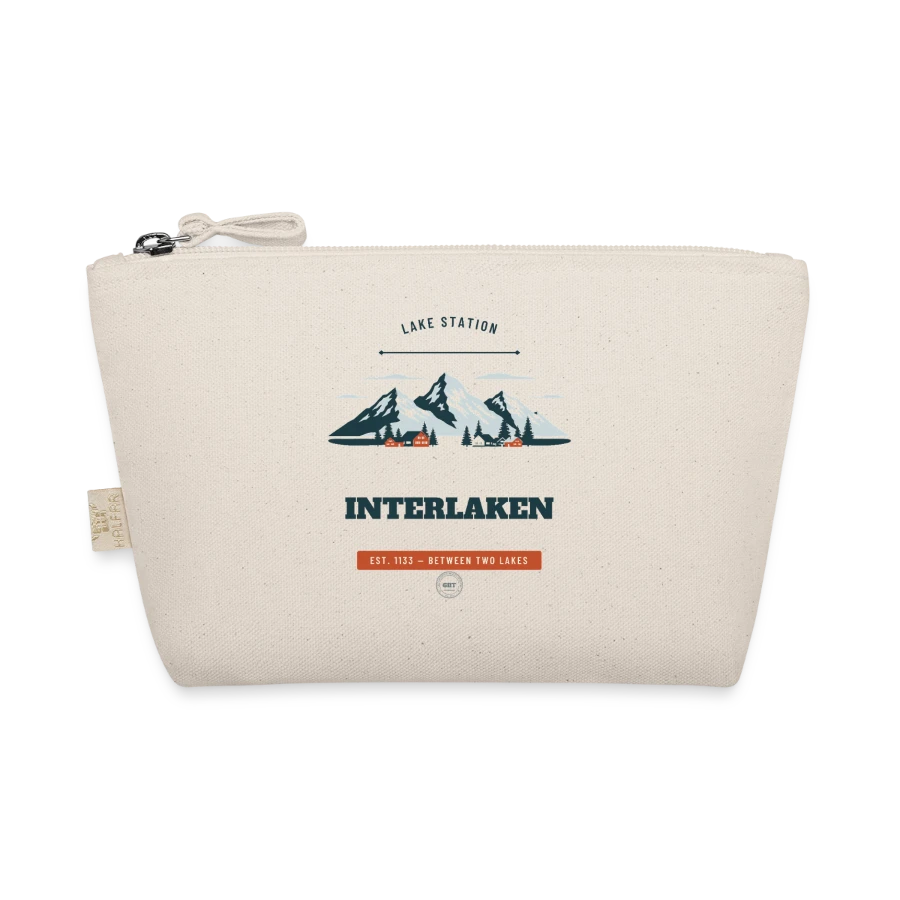 Interlaken badge on a organic pouch, nature