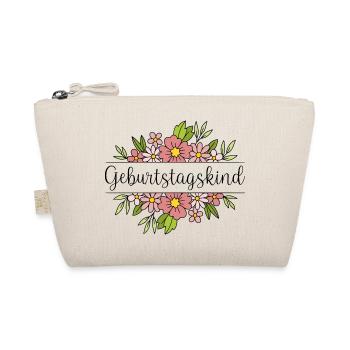 Schriftzug "Geburtstagskind" mit zartrosa Blumen - Bio-Täschchen - Natur - Vorne