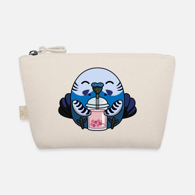 Blauer Wellensittich Vogel mit Bubble Tea Bio-Täschchen